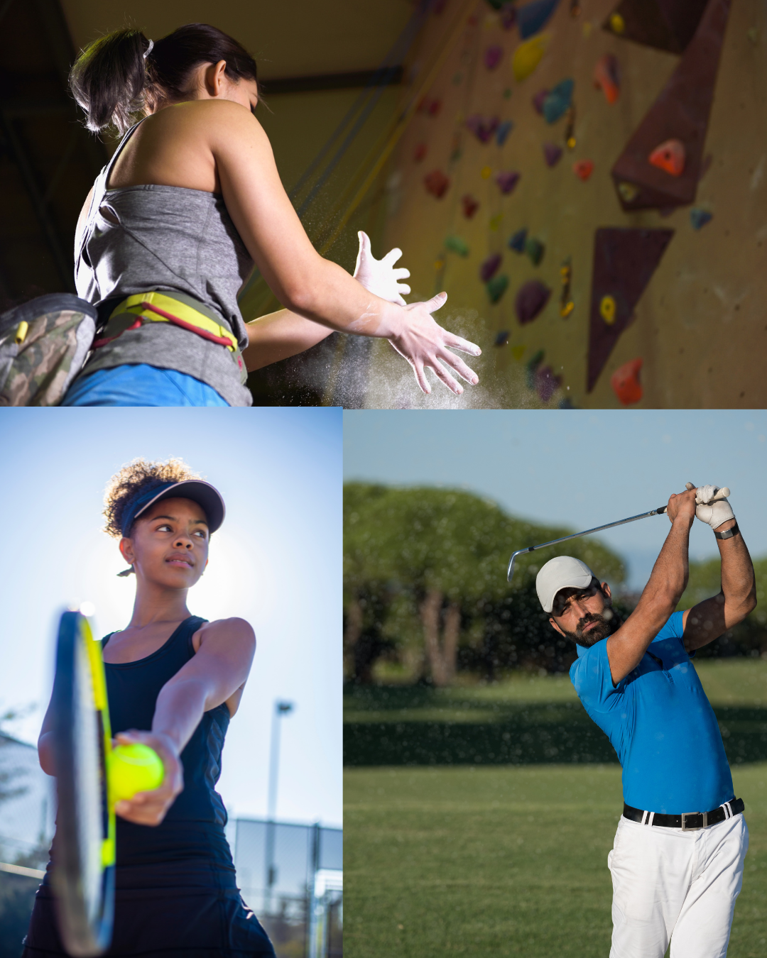 Woman dusting her hands off ready to mountain climb, a young tennis player getting setting up a serve and a male golfer in the process of a golf swing