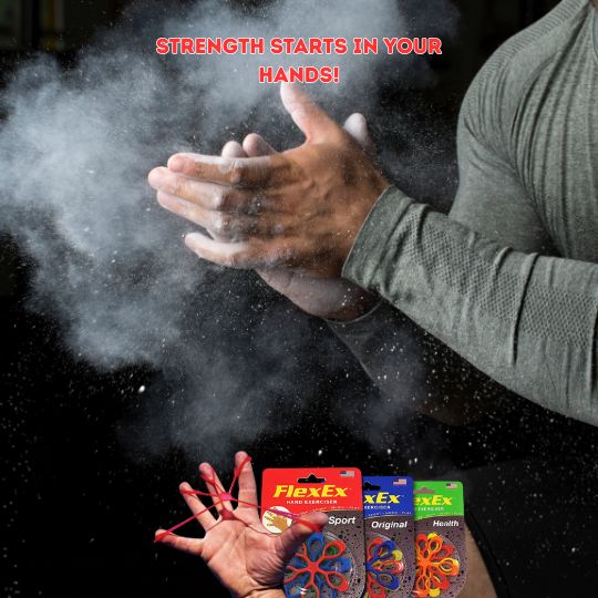A fitness athlete using gym chalk to showcase grip strength alongside the colorful WONODA FlexEx hand exerciser resistance bands.